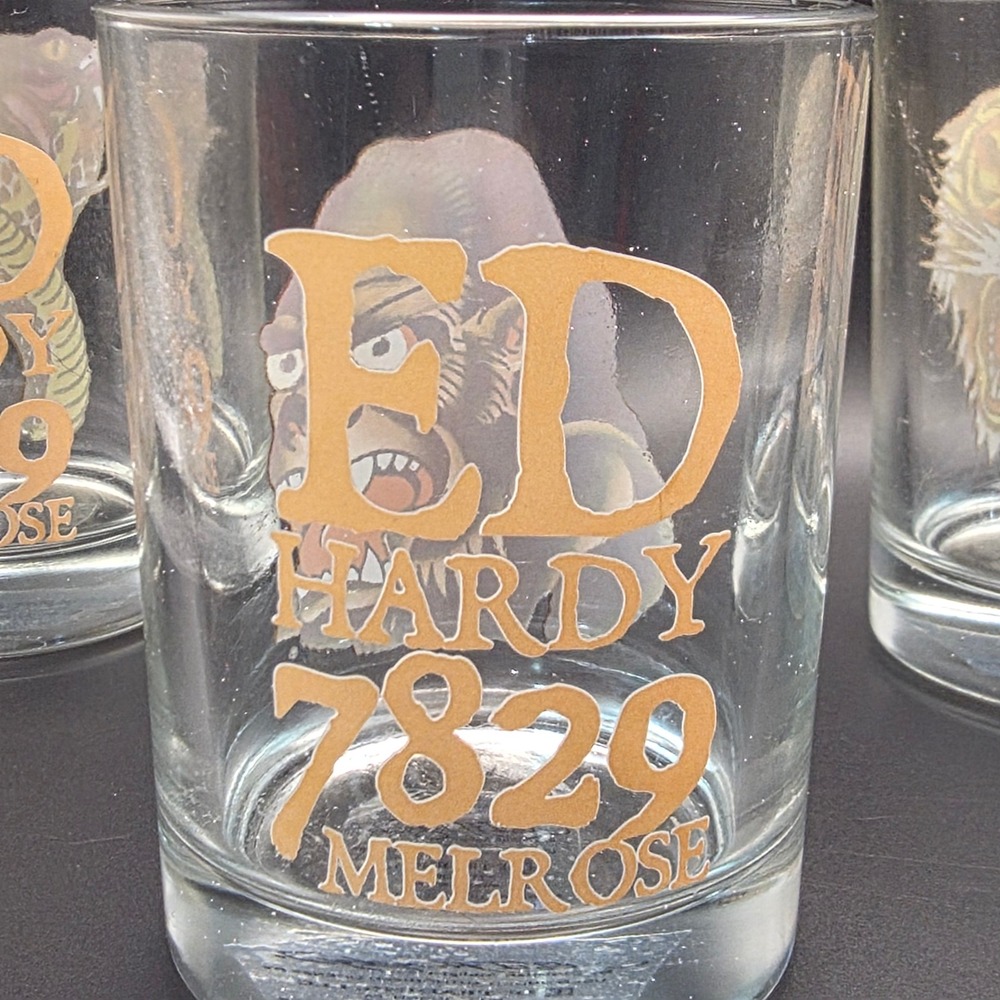 Ed Hardy Whiskey Glasses Set of 3 Clear Gold Tattoo Art Tiger Cobra Gorilla Good - Picture 7 of 8